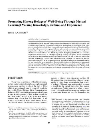 Promoting Hmong Refugees’ Well-Being Through Mutual Learning: Valuing Knowledge, Culture, and Experience