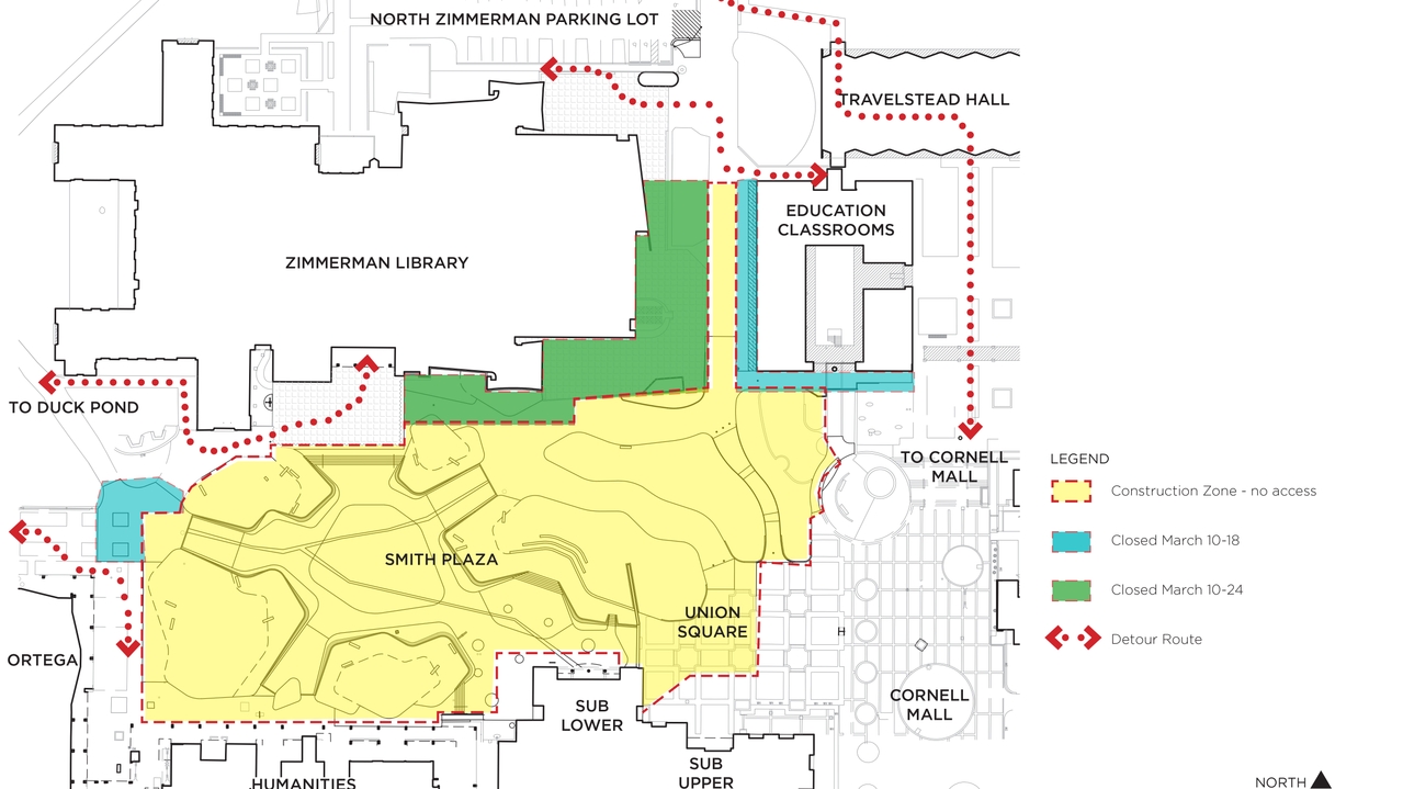 Smith Plaza pedestrian circulation during spring break