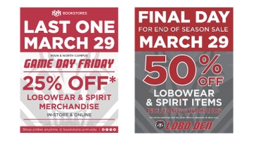 Last Game Day Friday, end of season sale at UNM Bookstores
