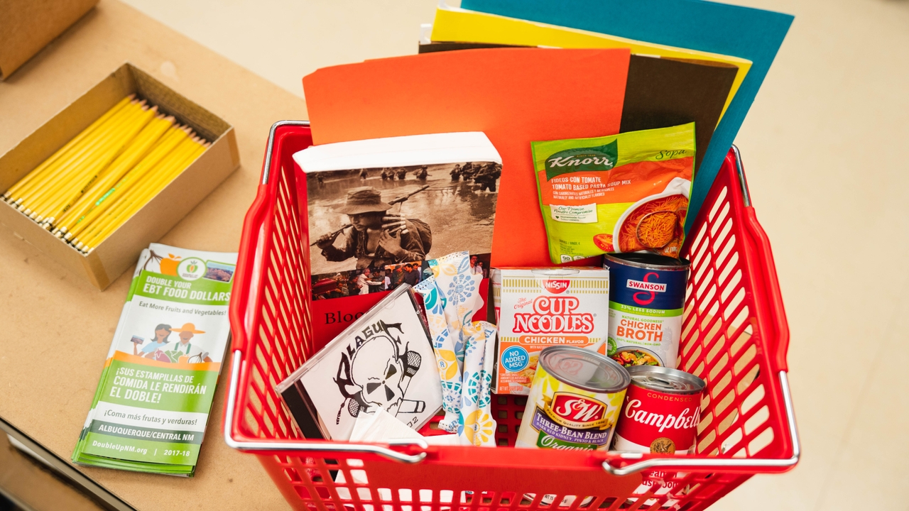 The pantry has food, personal hygiene products and books for students.