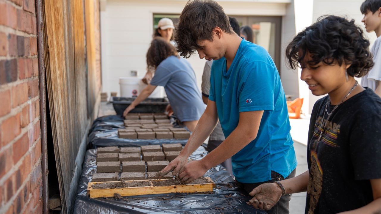 Students working on building adobe bricks
