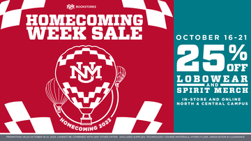 UNM Bookstores offer a special sale and extended hours for Homecoming Week