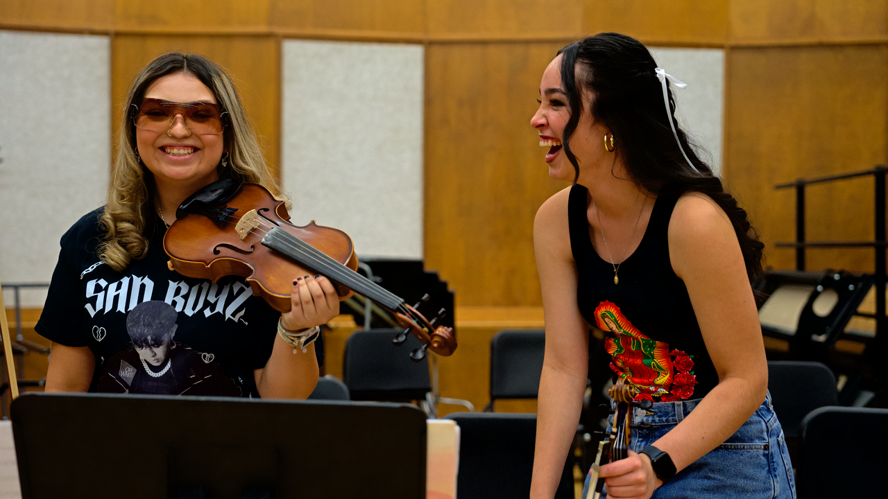 Students in violin section practice