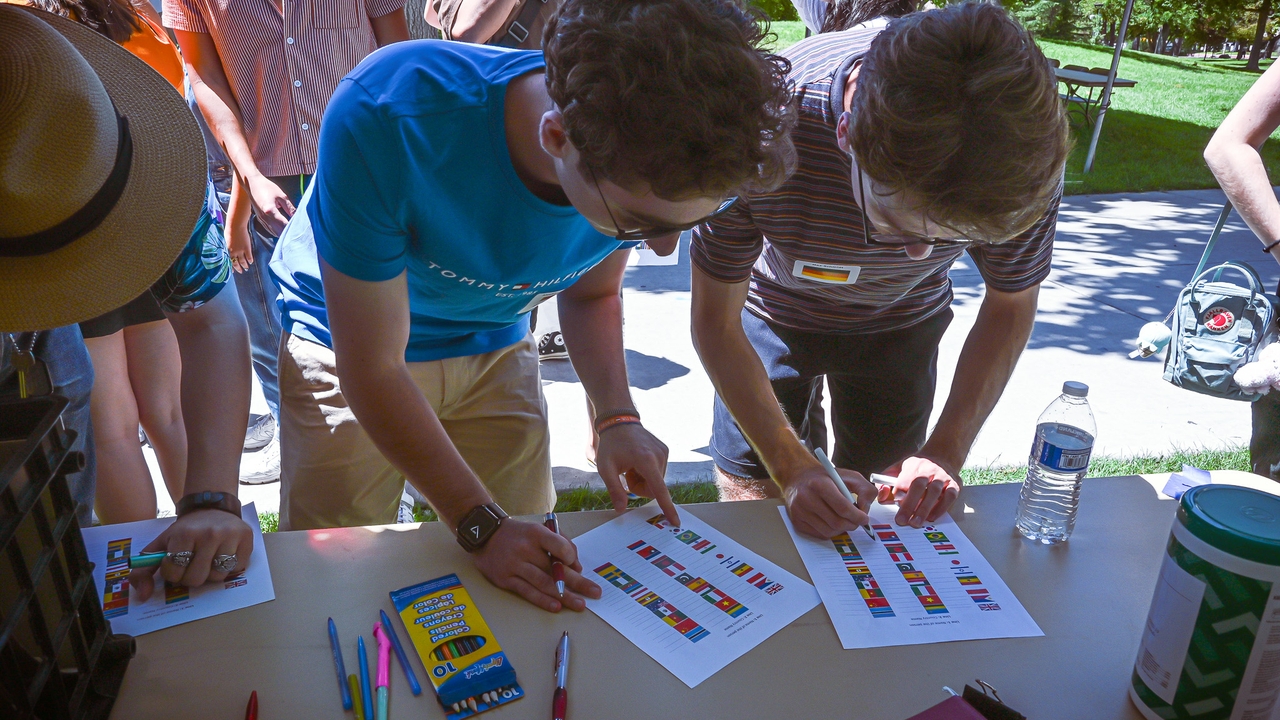 Students identifying flags