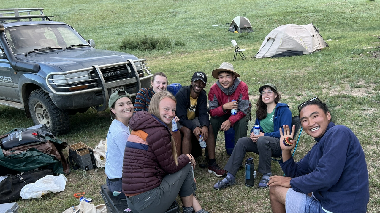 Researchers hanging out on campsite in Mongolia