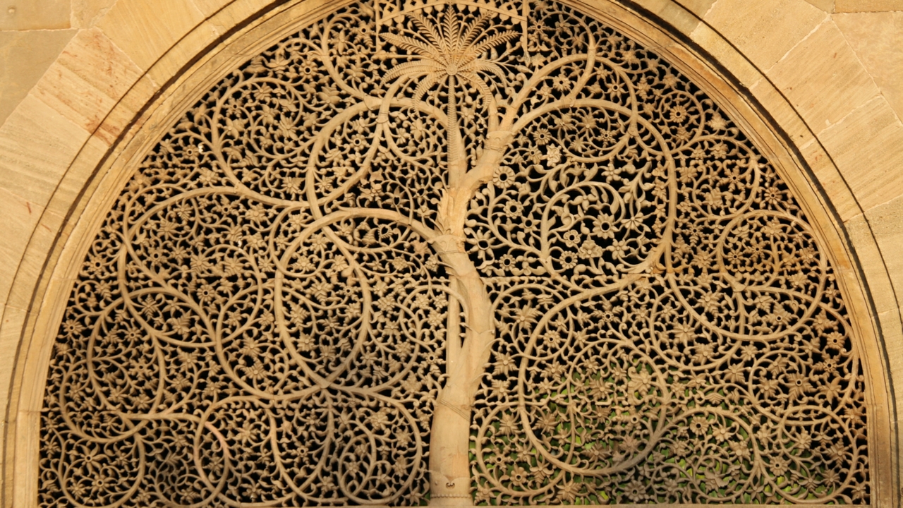 Tree carved in stone in the Sidi Saiyyed Mosque in Ahmedabad, Gujarat, India (1573 CE)