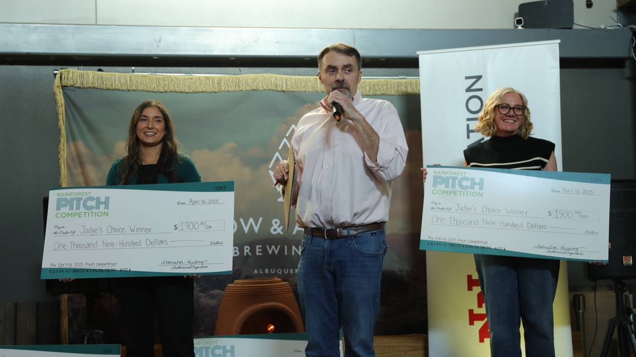 iA Executive Director Rob DelCampo (center) announces the winners of the Spring 2025 Rainforest Pitch Competition
