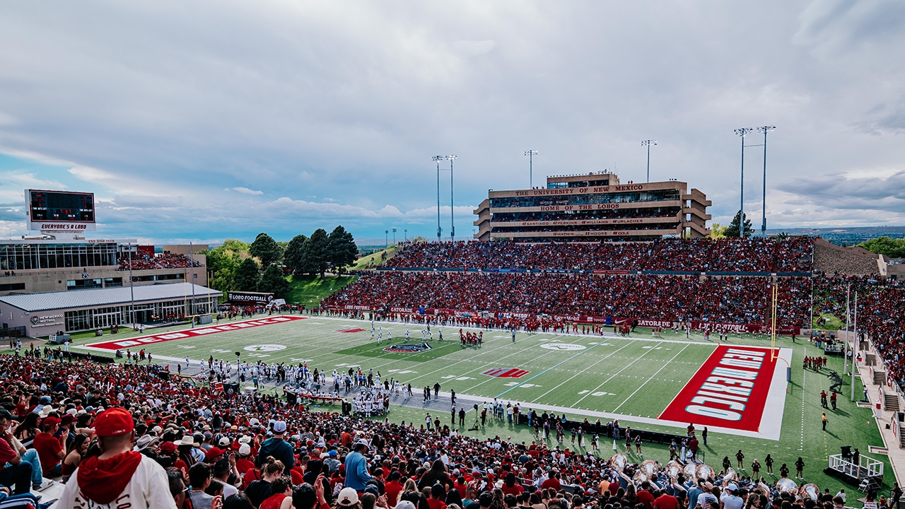 A view of the west stands and press box 