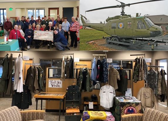 Check presentation event to VFW Post 388 at the Weston branch (top left). A Vietnam era UH-1 Huey helicopter on display at the Baldwin branch (top right). Veterans display at the Associated Bank Howard branch (bottom).