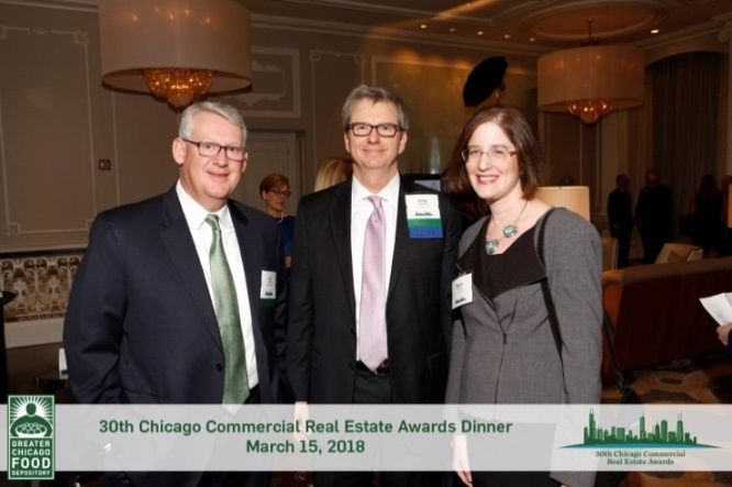 (Left to right) Paul Schmidt and Greg Warsek, Associated Bank; Megan Abraham, The Goldie Initiative at the Chicago Commercial Real Estate Awards Dinner 