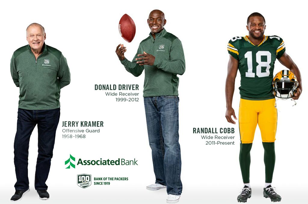 Donald Driver, Jerry Kramer and Randall Cobb will partner with Associated Bank in celebration of 100 seasons with the Packers.  