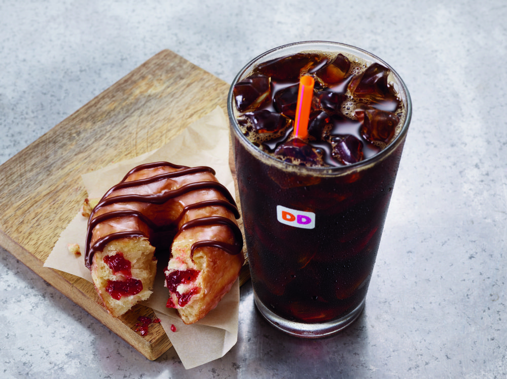 Chocolate Drizzled Strawberry Croissant Donut & Cold Brew