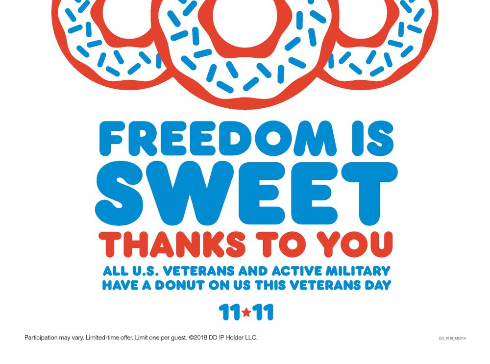 Dunkin’ Serves a Sweet Thank You on Veterans Day: Free Donut to All Veterans and Active Duty Military on November 11
