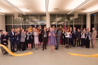 Executive Director Bennett Rink, Elaine Wynn, Artistic Director Robert Battle, Board Members, Government Officials, Building Architects and AAADT Dancers. Photo by Christopher Duggan.