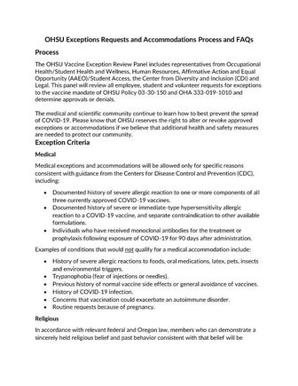 OHSU Exceptions Requests and Accomodations Process FAQ