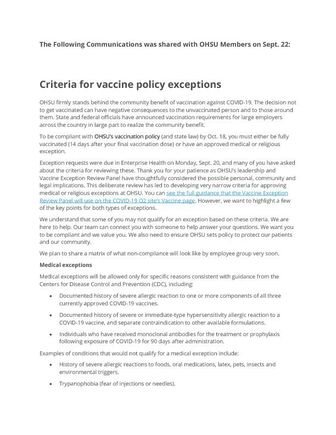 OHSU Member Communcation Sept 22_Vaccination Exception Criteria