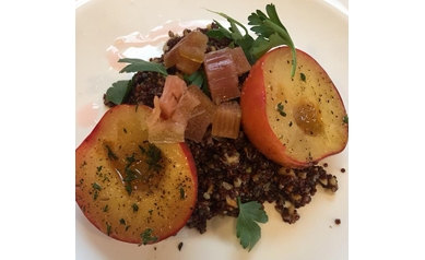 Quinoa salad with green garlic walnut vinaigrette, grilled peaches, and pickled rhubarb