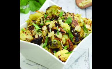 Roasted Cauliflower and Brussels Sprouts with Olives and Pine Nuts