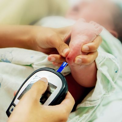 Hands of pediatric nurse hold and using blood and glucose meter with sheet check touch on sick newborn baby blood and foots to checkup glucose in his blood at NICU wards.