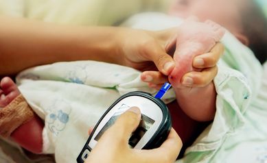 Hands of pediatric nurse hold and using blood and glucose meter with sheet check touch on sick newborn baby blood and foots to checkup glucose in his blood at NICU wards.