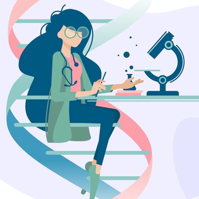 Woman doctor examines DNA microscope
