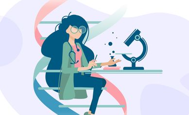 Woman doctor examines DNA microscope