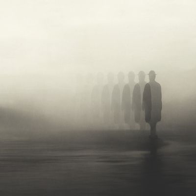 illustration of surreal man disappearing in the fog, abstract concept