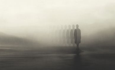 illustration of surreal man disappearing in the fog, abstract concept