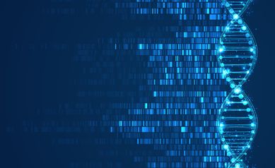 DNA test. Big genomic data visualization on blue background