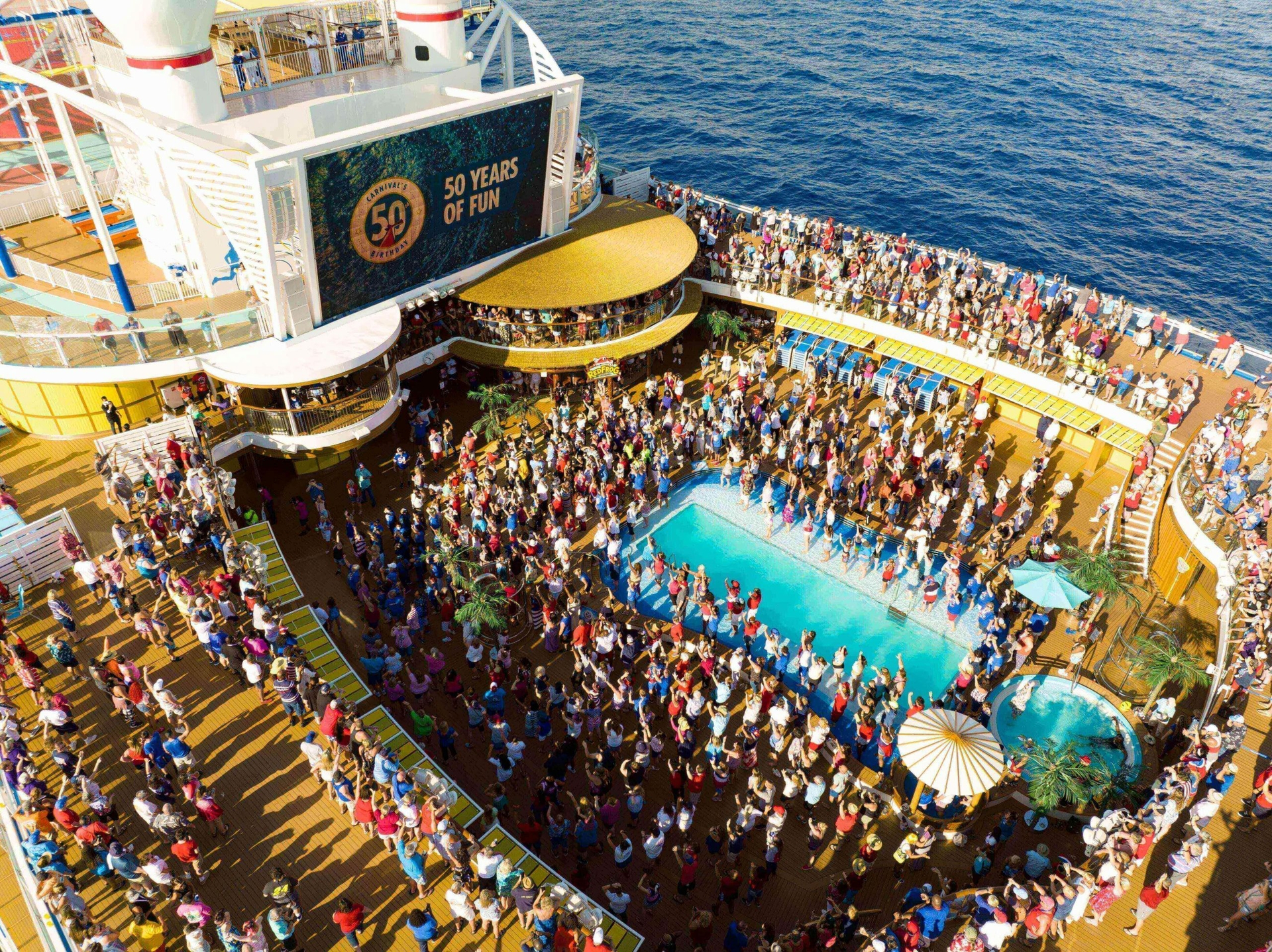 Carnival Breeze, Carnival Ecstasy, Carnival Glory, Mardi Gras, Carnival Pride, Carnival Sunrise and Carnival Vista – met up in Cozumel last night for one of the biggest birthday parties at sea.